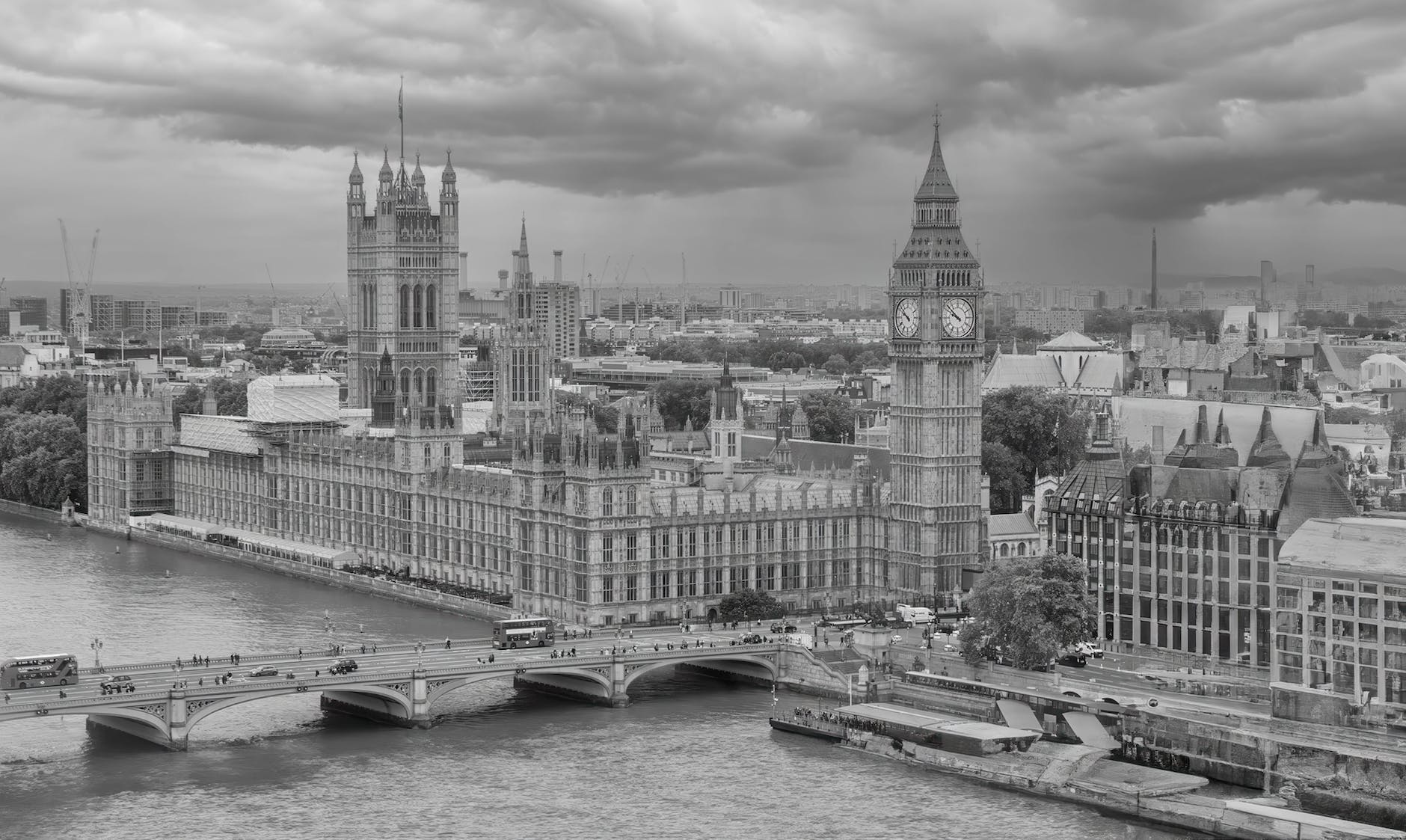 black and white panorama of the parliament building and big ben tower london england