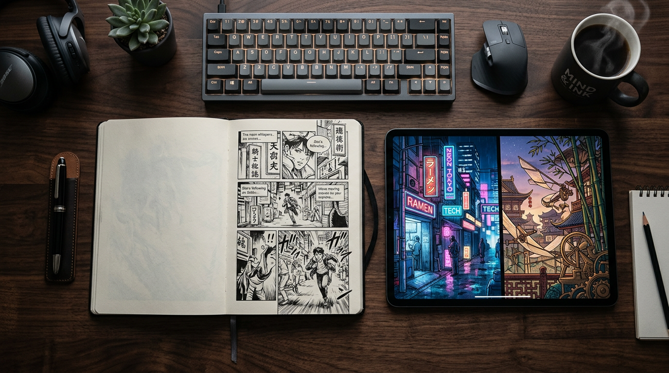 Overhead writer desk with manga sketchbook and cyberpunk tablet